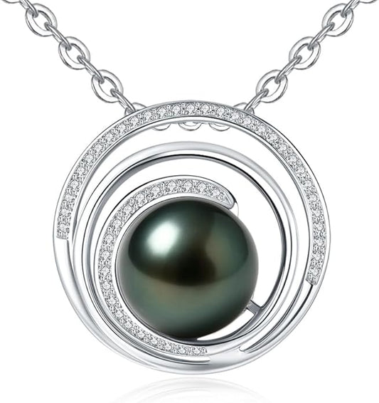Genuine Tahitian Black Pearl Necklace for Women, 9-11mm AAAA Seawater Pearl with Sterling Silver Moissanite Pendant, Jewelry Gift for Wife, Mom, Girlfriend, Wedding Anniversary, Birthday, Christmas
