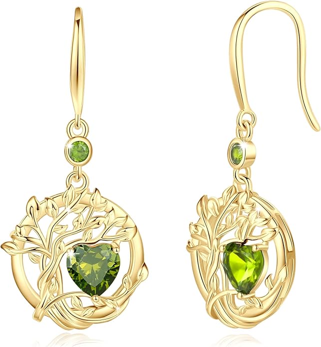 FANCIME Tree of Life Dangle Drop Earrings 925 Sterling Silver Dainty Round Gemstone Birthstone Earring Fine Jewelry Birthday Christmas Gifts for Her Women