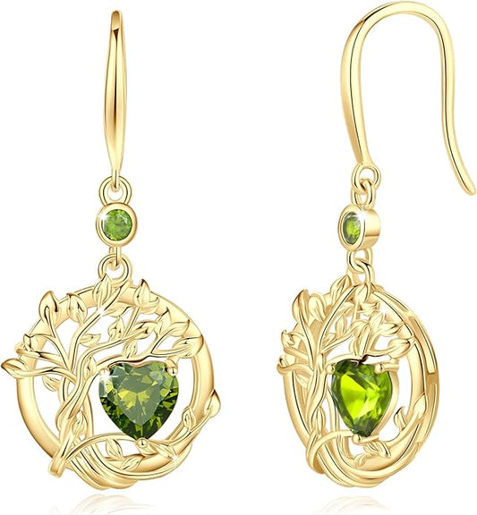 FANCIME Tree of Life Dangle Drop Earrings 925 Sterling Silver Dainty Round Gemstone Birthstone Earring Fine Jewelry Birthday Christmas Gifts for Her Women