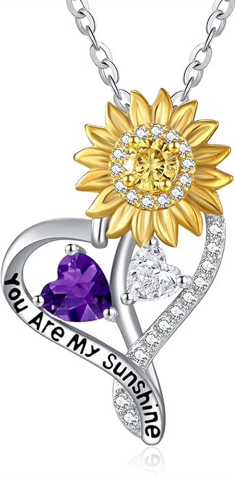 Zeuslia Double Birthstone Necklace Gifts for Wife - 925 Sterling Silver Sunflower/Rose/Crown Cross/Compass/Heart Pendant I Love You Necklace, Anniversary Birthday Gifts for Wife Girlfriend Mom Her