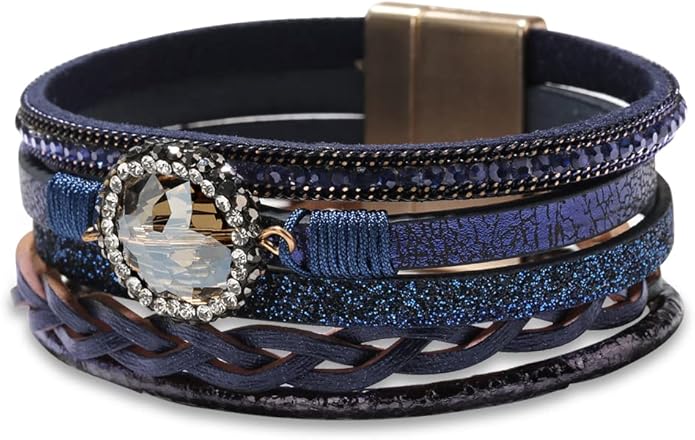 Fesciory Leopard Bracelet for Women, Boho Leather Wrap Multi-Layer Pearl Crystal Bracelet Bangle Jewelry