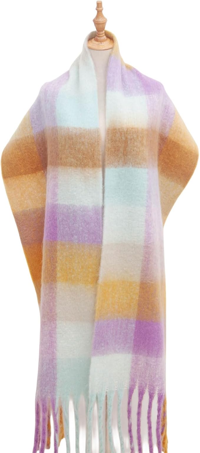SHOHOKU Large Chunky Plaid Scarf Coloured Checked Oversized Scarf Tassel Soft Fall Winter Thick Warm Shawl Women