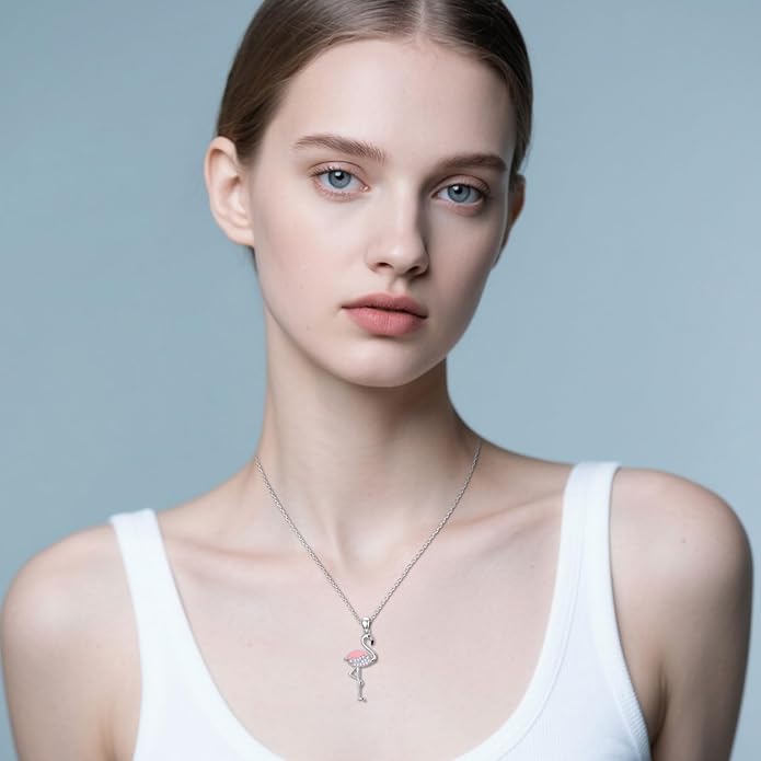 JUSTKIDSTOY Flamingo Necklace 925 Sterling Silver Animal Pendant with Cubic Zirconia Flamingo Bird Necklace Gifts for Women Wife Girlfriend