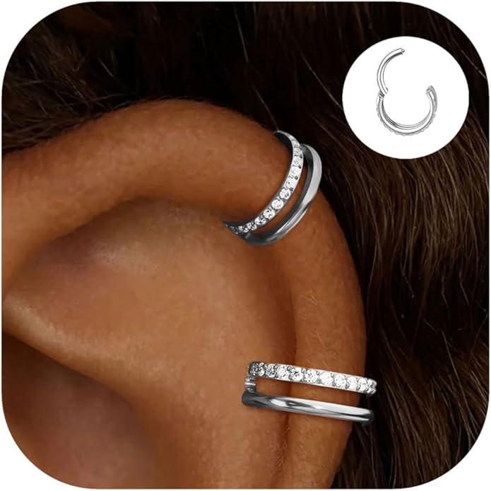 2 PCS Small Cartilage Double-Hoop Helix Conch Piercing Earrings With Cubic Zirconia For Women Trendy 14K Gold Plated Titanium Surgical Stainless Steel Sets Jewelry