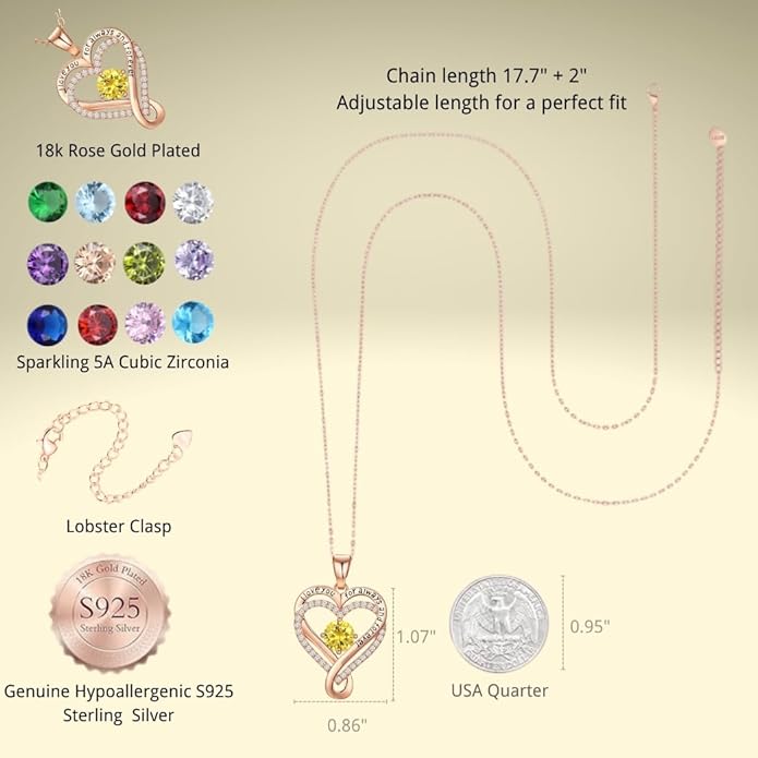 Birthstone Infinity Heart Necklace for Women Wife Girlfriend Mom Daughter Gifts S925 Silver Jewelry For Anniversary Rose Gold Gifts For Birthday Christmas Mothers Valentines Day