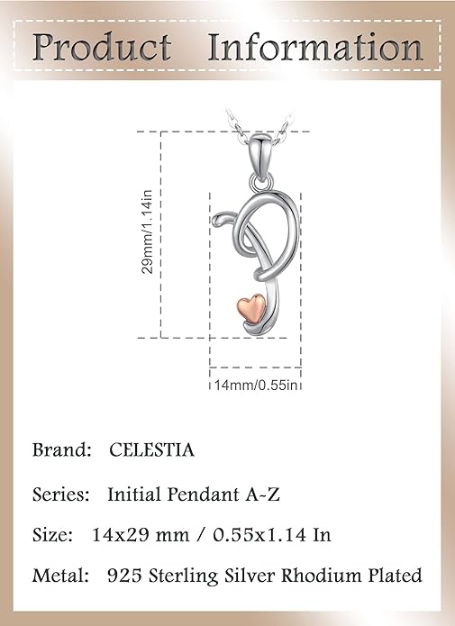 CELESTIA 925 Sterling Silver Initial Necklaces 26 Letter with Rose Gold Heart - 18 Inch Chain