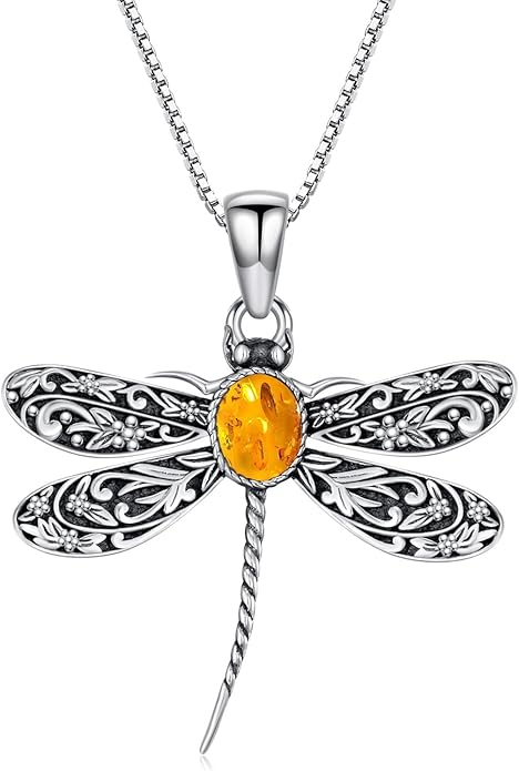 Vintage Dragonfly Necklace, 925 Sterling Silver Natural Amber Pendant, Boho Jewelry Unique Gift for Women