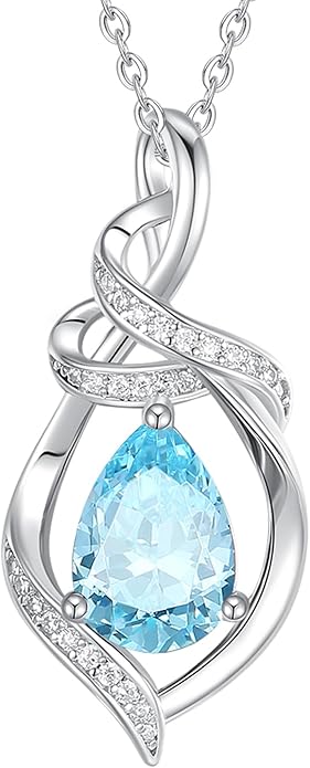 FANCIME Teardrop Gemstone Necklace for Women S925 Sterling Silver Elegant Ribbon Pendent Birthday Gifts for Her, 16"+2" Inches