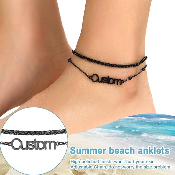 U7 Custom Layered Ankle Bracelets for Women Stainless Steel Bead/Cuban/Figaro/Rope/Wheat Chain Anklet Waterproof Anklet Jewelry for Beach Vacation