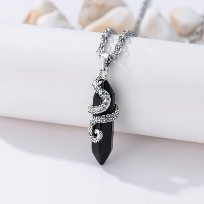 OHAYOO Octopus Tentacles Necklace 925 Sterling Silver Octopus Pendent Necklace Wrapped Obsidian Octopus Jewelry Gifts for Women
