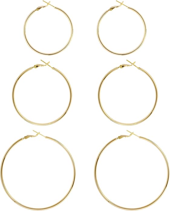 Big Gold Hoop Earrings for Women Hypoallergenic 925 Sterling Silver Post Thin Loop 14K Gold Plated Hoop Earrings Set for Women, 3 Pairs