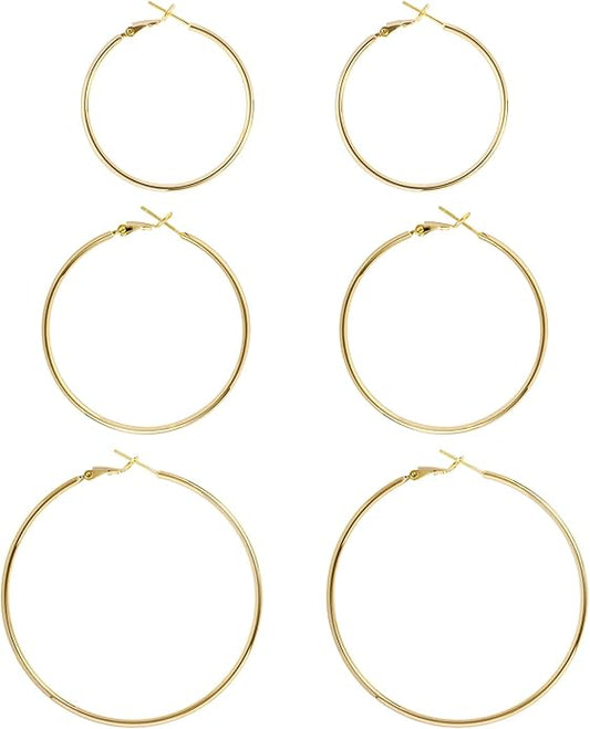 Big Gold Hoop Earrings for Women Hypoallergenic 925 Sterling Silver Post Thin Loop 14K Gold Plated Hoop Earrings Set for Women, 3 Pairs