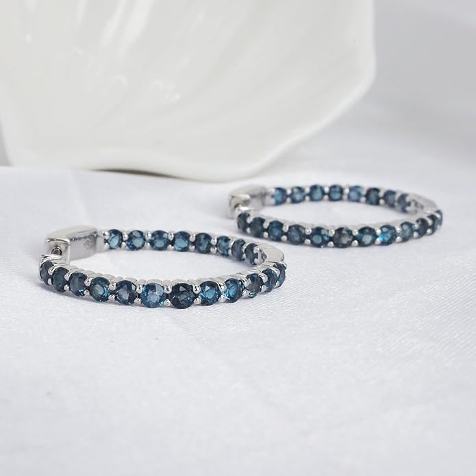 Hoop Earrings with 40 Colored Gemstones, Birthstone Earrings, 925 Sterling Silver Rhodium Plated, Push Back Closure, 1.18'