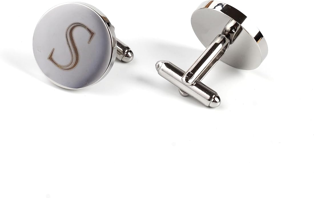 Mens Initial Silver Cufflinks A-Z Alphabet Letter Steel Cuff Links with Engraved Walnut Wood Box Groom Groomsman Wedding Set…