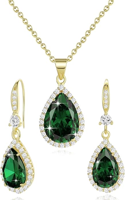 Sumonyo Women Jewelry Set Silver/Gold Plated Teardrop Pendant Necklace Dangle Drop Earrings Dangling Sets Birthstone Crystals Rhinestone,Birthday Anniversary Wedding Mother’s Day Gifts for Women