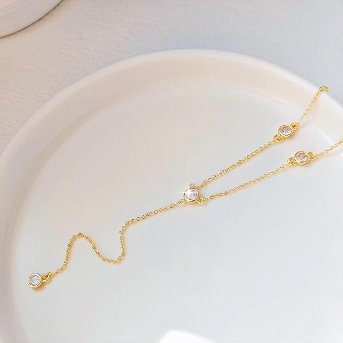 Zeffy Lariat Gold Necklace for Women, Dainty Long Necklace 14k Gold/Silver Plated Layered CZ Beaded Bar Chain Y-Shaped Body Chain Stack Drop Wedding Necklace Trendy Simple Gold Jewelry Gifts