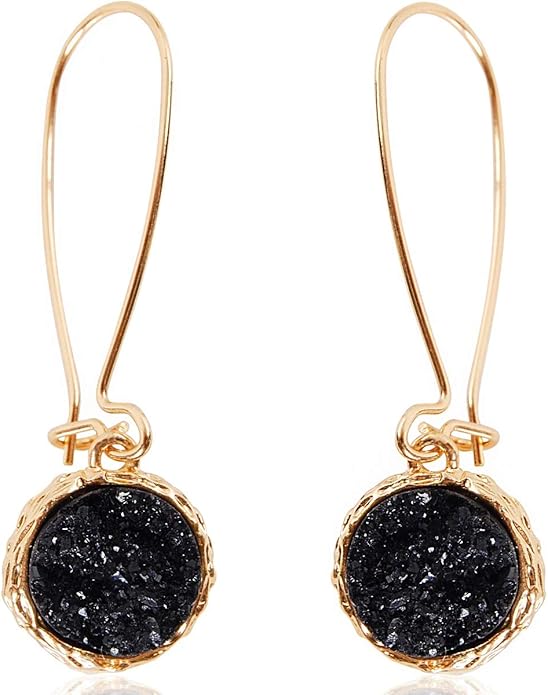 Simulated Druzy Threader Drop Earrings for Women - Gold, Silver, or Rose Gold Tone Trendy Boho Dangles with Sparkly Round Stone