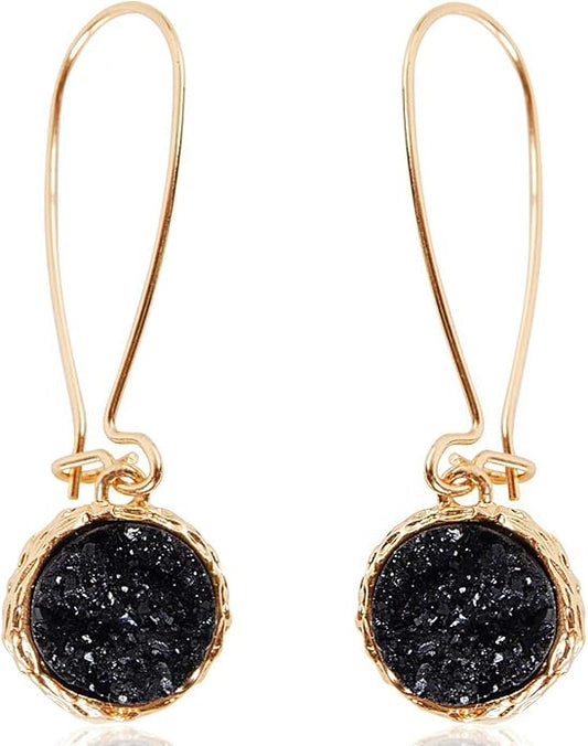 Simulated Druzy Threader Drop Earrings for Women - Gold, Silver, or Rose Gold Tone Trendy Boho Dangles with Sparkly Round Stone