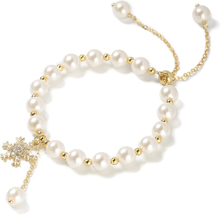 Cowlyn Pearl Bracelets for Women - Dainty 14K Gold Plated Beaded Pearl Link Chain Birthday Christmas Jewelry Gifts for Women