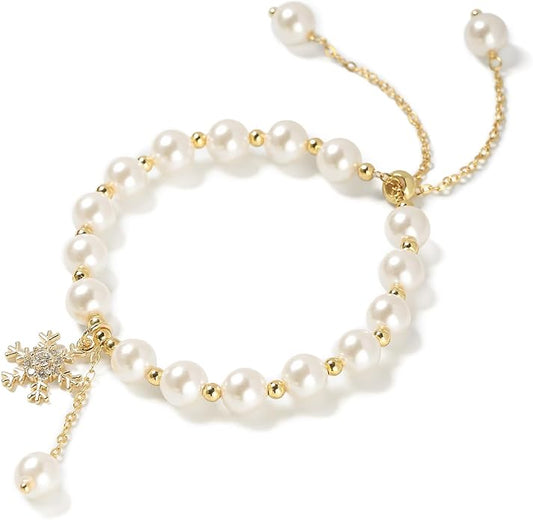 Cowlyn Pearl Bracelets for Women - Dainty 14K Gold Plated Beaded Pearl Link Chain Birthday Christmas Jewelry Gifts for Women