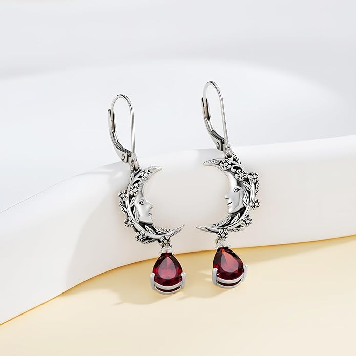 925 Sterling Silver Vintage Retro Oxidized Moon Crescent Dangle Drop Leverback Earrings with 12 Months Birthstone Jewelry Gifts for Women Her