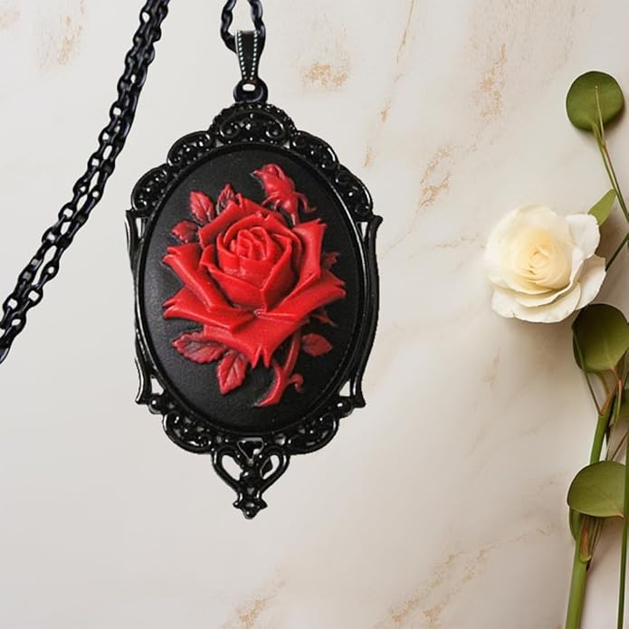 Gothic Red Rose Cameo Necklace for Women Victorian Vintage Rose Flower Thorn Pendant Necklace Satan Demon Necklace Halloween Jewelry for Women