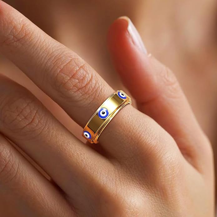 Evil Eye Fidget Ring for Women - 18K Gold Plated Stainless Steel Spinner Rings for Anxiety Relief, Ojo Turco Ring Luck Amulet, Turkish Faith Protection Stackable Jewelry Gift for Women Men