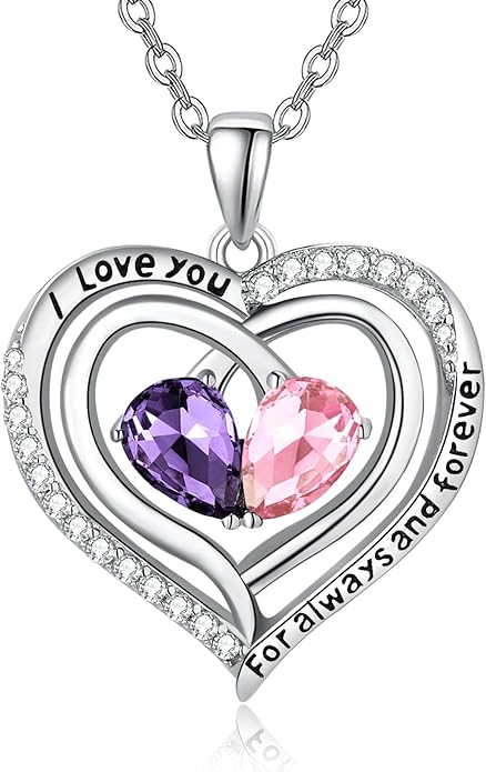 Zeuslia Double Birthstone Necklace Gifts for Wife - 925 Sterling Silver Sunflower/Rose/Crown Cross/Compass/Heart Pendant I Love You Necklace, Anniversary Birthday Gifts for Wife Girlfriend Mom Her