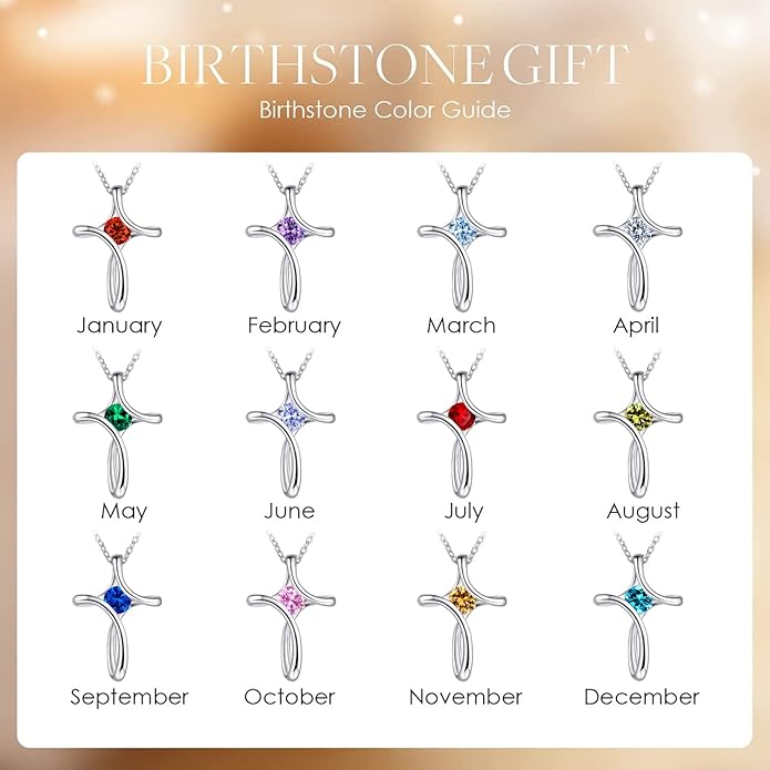 NINAMAID Cross Necklace for Women, 925 Sterling Silver Birthstone Necklace for Women with Diamond Sideways Cross Necklaces Birthstone Jewelry Birthday Gifts for Womens