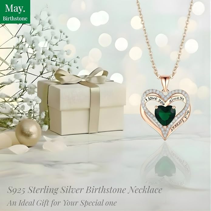 Birthstone Heart Necklace for Women Wife Girlfriend Mom Daughter Gifts S925 Silver Jewelry For Anniversary Rose Gold Gifts For Birthday Christmas Mothers Valentines Day