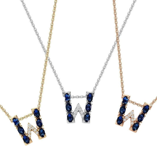 Albert Hern Blue Sapphire Initial Necklace With Diamonds & 18K Gold Chain | Irresistible Letter Pendants Jewelry | Perfect Valentine’s Day, Anniversary & Birthday Gift