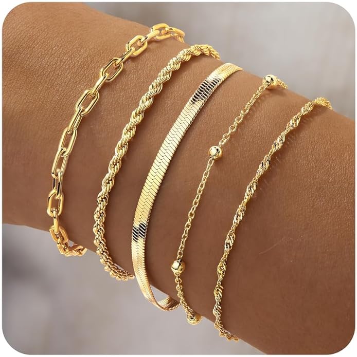 Gold Bracelets for Women Trendy,14K Gold Plated Dainty Stackable Paperclip Cuban Link Chain Bracelets, Simple Cute Cuff Bracelets Jewelry Set Adjustable 7"+2"