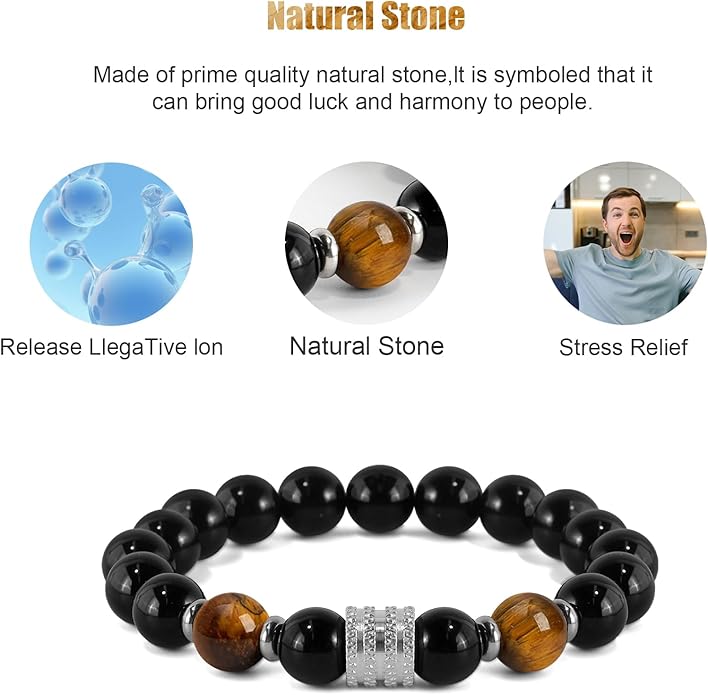 Hamoery Bracelets for Men Natural Tiger Eye Stone Beads Braided Rope Bracelet Gift for Dad Husband