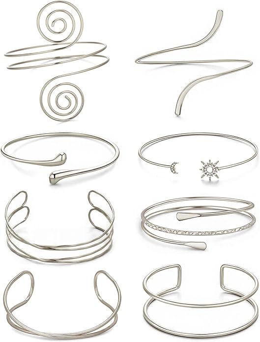 GANDC 8 Pcs Upper Arm Cuff Jewelry for Women Gold Silver Minimalist Arm Cuffs Bangle Band Armlet Adjustable Coil Armband Bracelet Set Jewelry
