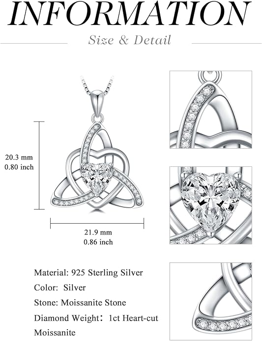1CT Heart Moissanite Celtic Knot Necklace for Women, 925 Sterling Silver Diamond Trinity Knot Celtic Pendant Necklace Irish Jewelry, Birthday Christmas Valentines Day Gift for Her Wife Mom, 18+2 Inch