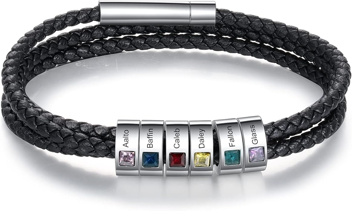 kaululu Custom Leather Bracelet for Men with 1/2/3/4/5/6/7/8 Birthstones Engraved Stainless Steel Beads Personalized Names Bracelet for Father's Day Christmas Thanksgiving Gift for Men