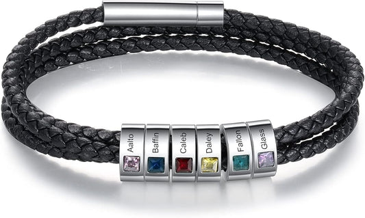 kaululu Custom Leather Bracelet for Men with 1/2/3/4/5/6/7/8 Birthstones Engraved Stainless Steel Beads Personalized Names Bracelet for Father's Day Christmas Thanksgiving Gift for Men
