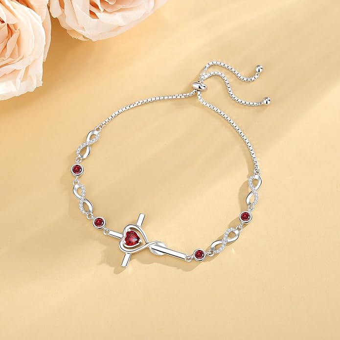 FANCIME Gift for Women Cross Bracelet 925 Sterling Silver Heart Birthstone Bracelet Fine Jewelry Birthday Gifts for Her Women