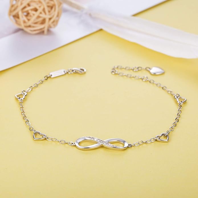 Billie Bijoux Womens 925 Sterling Silver Infinity Anklet Bracelet Endless Love Symbol Charm Adjustable Large Bracelet Gifts for Women