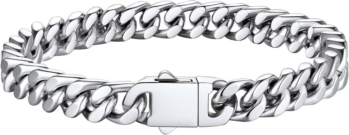 Bestyle Thick Mens Cuban Link Chain Bracelets, Durable Real 18K Gold/Black Metal Plated Solid Stainless Steel Hand Chain Cuban Bracelets for Men, Silver Black Gold Bracelets for Father Husband
