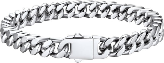 Bestyle Thick Mens Cuban Link Chain Bracelets, Durable Real 18K Gold/Black Metal Plated Solid Stainless Steel Hand Chain Cuban Bracelets for Men, Silver Black Gold Bracelets for Father Husband