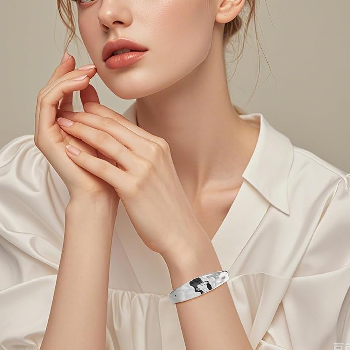 Sterling Silver Chunky Cuff Bracelet Vintage Hammered Texture Style Statement Open Bangle Bracelets for Women Men