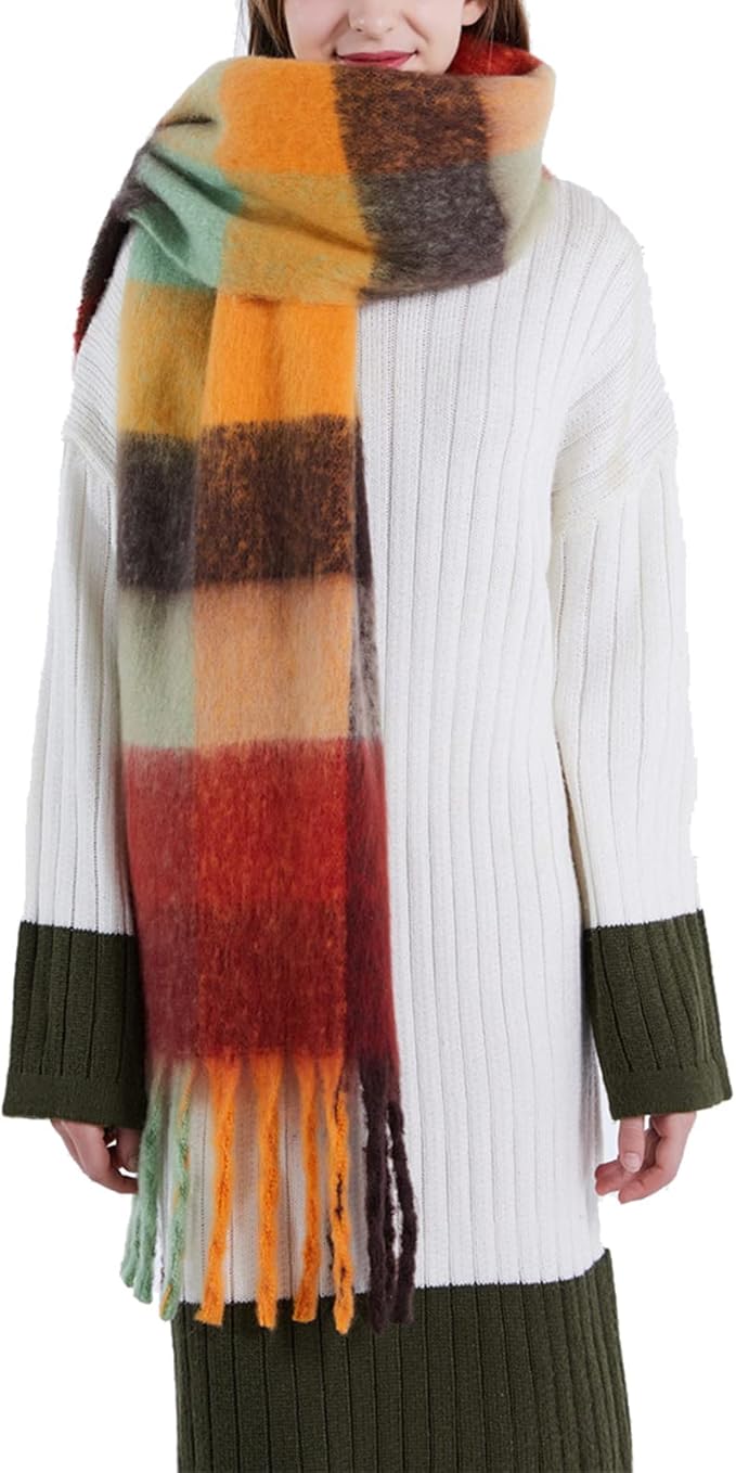 SHOHOKU Large Chunky Plaid Scarf Coloured Checked Oversized Scarf Tassel Soft Fall Winter Thick Warm Shawl Women