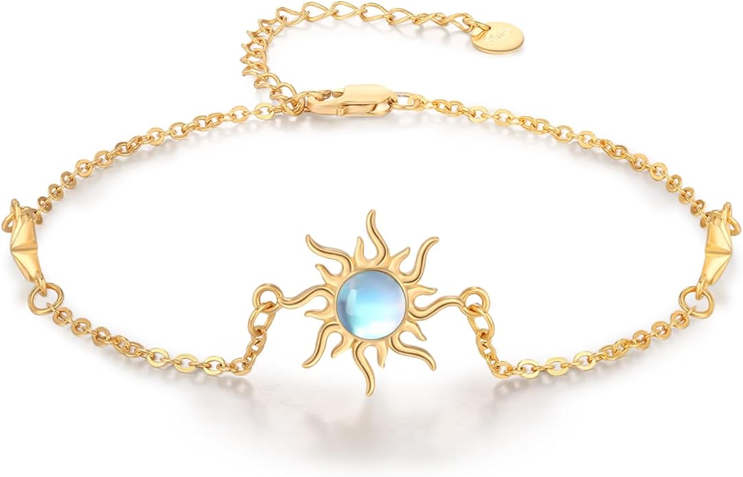 Sun Bracelet/Anklet 925 Sterling Silver Moonstone Star Sunburst Adjustable Ankle Bracelet Star Celestial Jewelry for Women Daughter Friend Sister