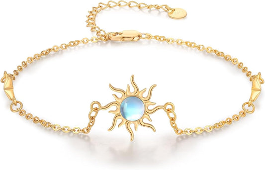 Sun Bracelet/Anklet 925 Sterling Silver Moonstone Star Sunburst Adjustable Ankle Bracelet Star Celestial Jewelry for Women Daughter Friend Sister