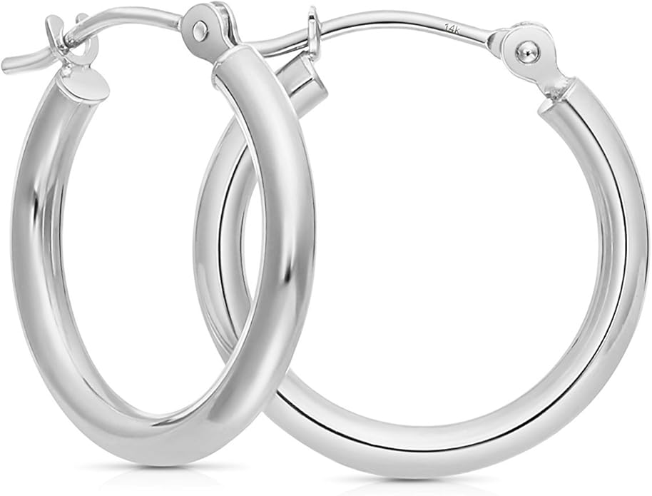 14k White Gold Polished Real Gold Hoop Earrings, Plain Round Gold Hoops, White Gold Hoop Earrings