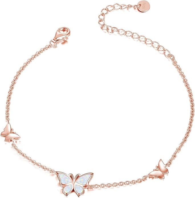 WINNICACA Sterling Silver Butterfly Bracelet Anklet Created Opal Butterfly Jewelry Gifts for Women Birthday Christmas Day Gifts