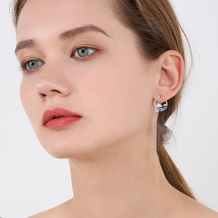 SeaTurtle dolphin Hummingbird Earrings for Women 925 Sterling Silver Sea Waves Earrings Ocean Huggie Hoop Sea Turtle dolphin Earrings Jewelry Gifts