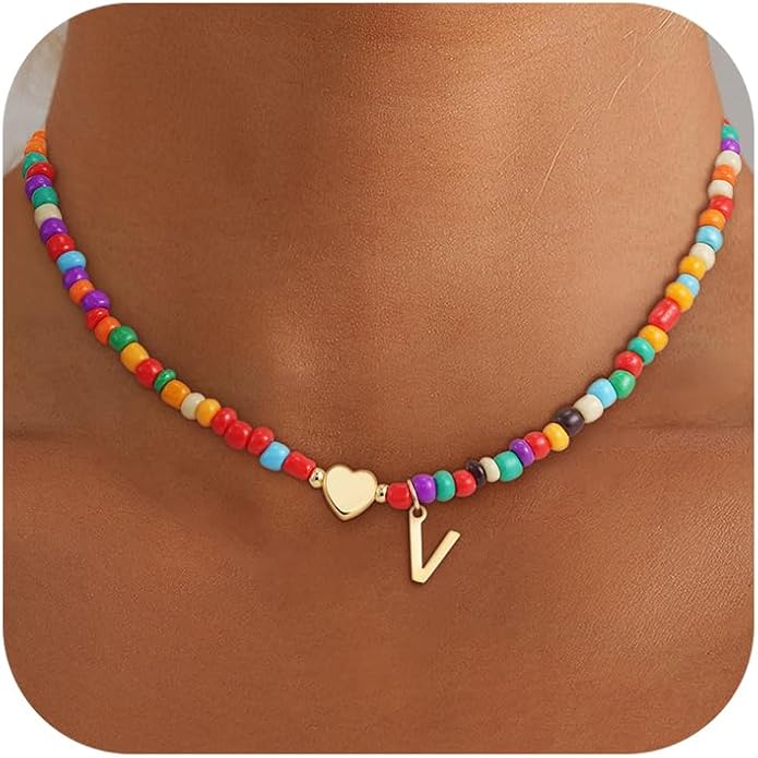 Colorful Initial Necklaces for Girls Women Kids - Teen Girls Gifts Trendy Stuff Beaded Initial Necklace Dainty Letter Choker Necklace for Girl Gifts Jewelry
