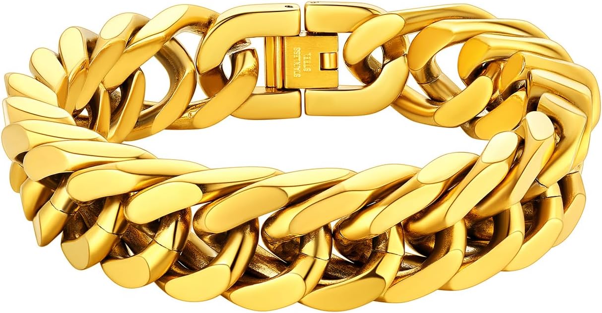 ChainsHouse Stainless Steel Cuban Link Bracelet, 8mm/12mm/17mm Width, 7.5"/8.3"/9", 18K Gold Plated Chain Wrist Bracelets for Men Women, Send Gift Box
